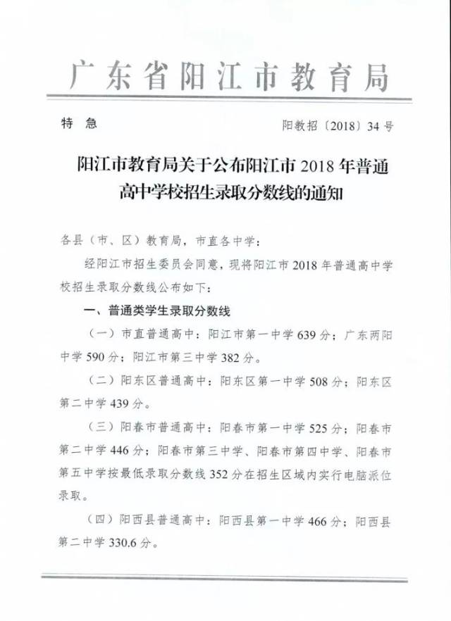 阳春中考录取分数线出炉!阳春一中525分,阳春二中446分