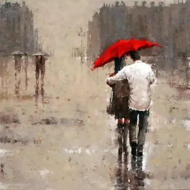 远处一对对男女相拥在雨中,虽然朦胧但依稀可辨.
