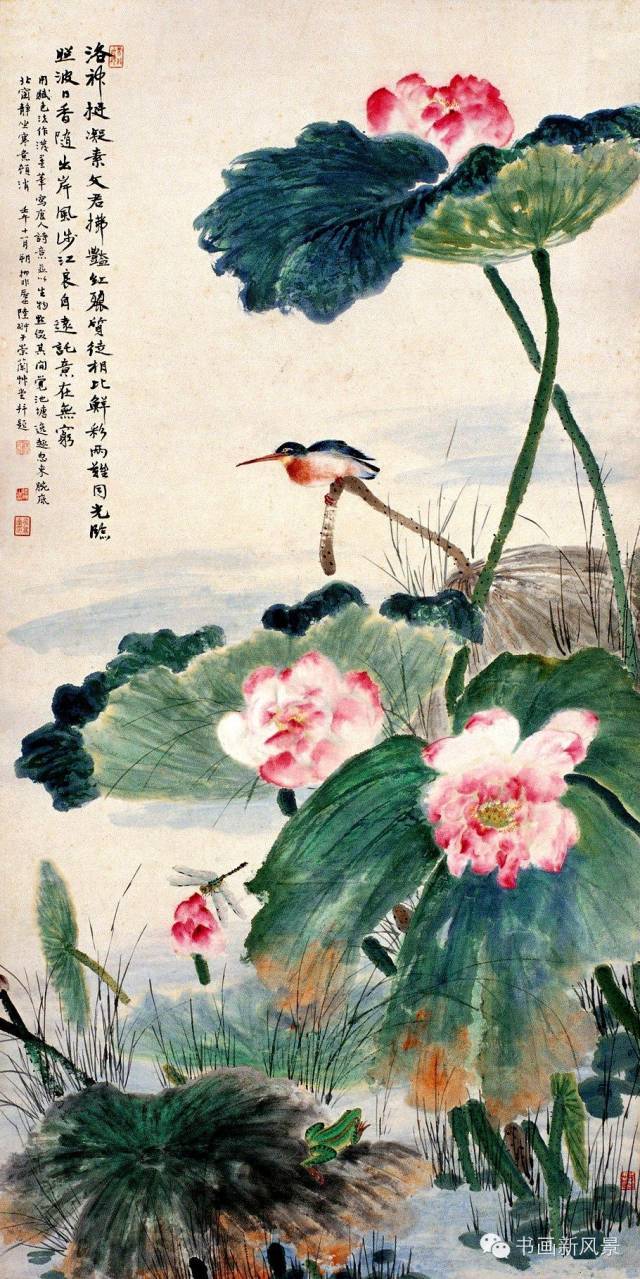 吴湖帆花鸟很有特色,他运用撞水,撞色法使色与色融为一体,荷花花瓣的