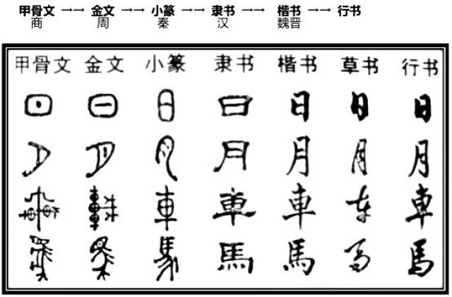 主要出现了八种字体:甲骨文-金文-大篆-小篆-隶书-楷书-草书-行书.