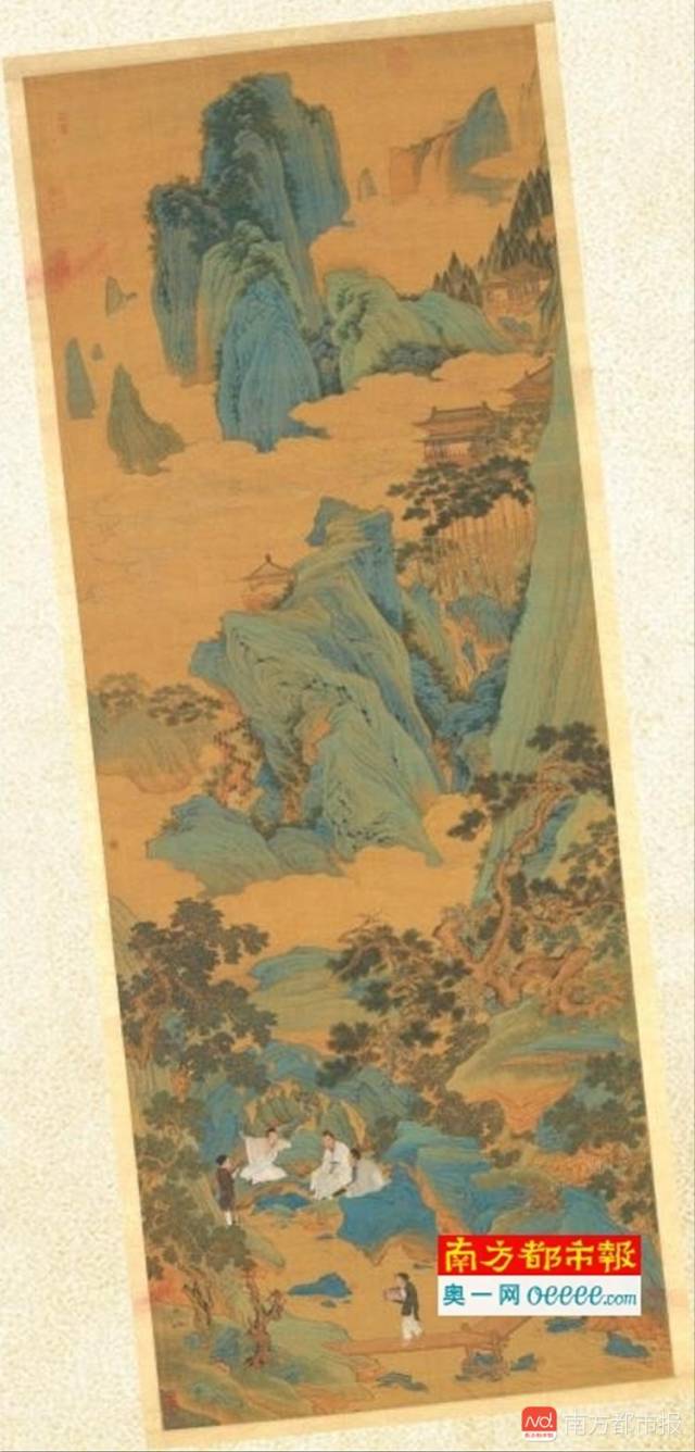 明代 仇英《桃源仙境图轴》绢本 青绿 设色