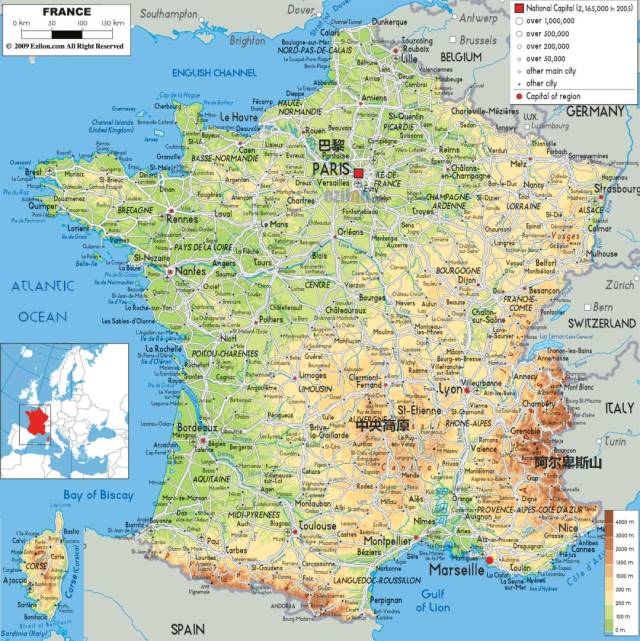 法国国土是个六边形,地势西北低,东南高.