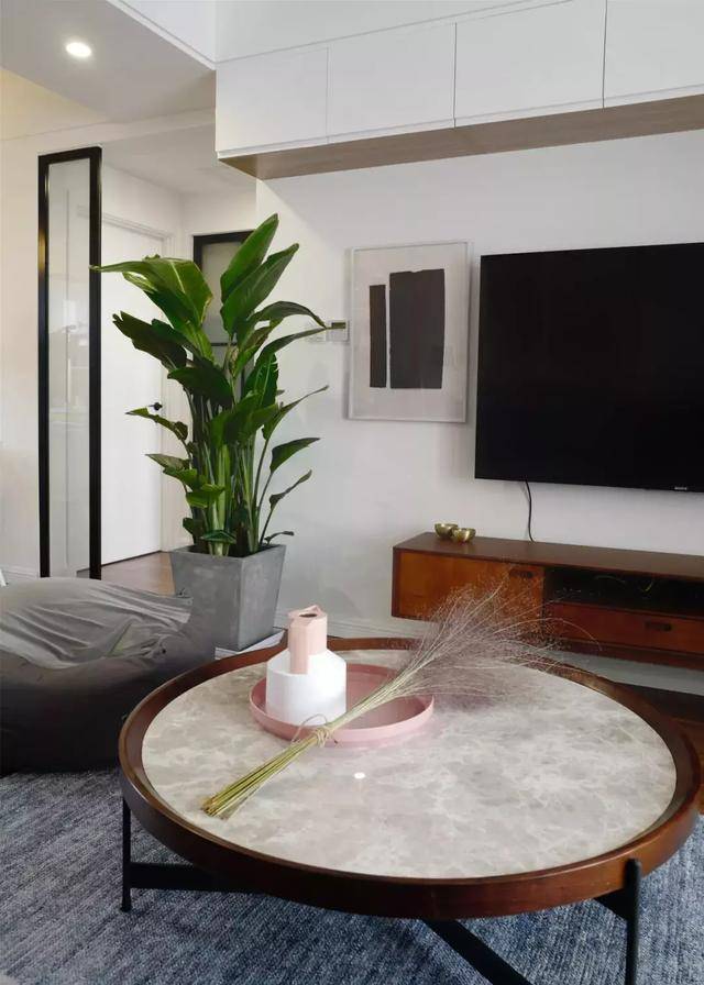 客厅绿植的花盆也选择了原始的水泥花盆,搭配胡桃木电视柜,回归本臻