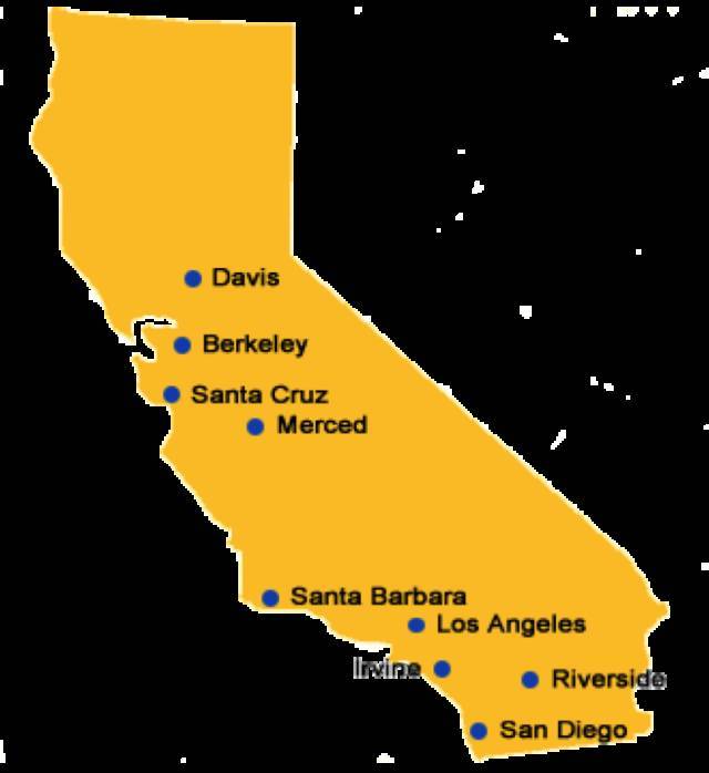 francisco,ucsf) 由上图可以看到 加州大学九个校区在加州的地理分布