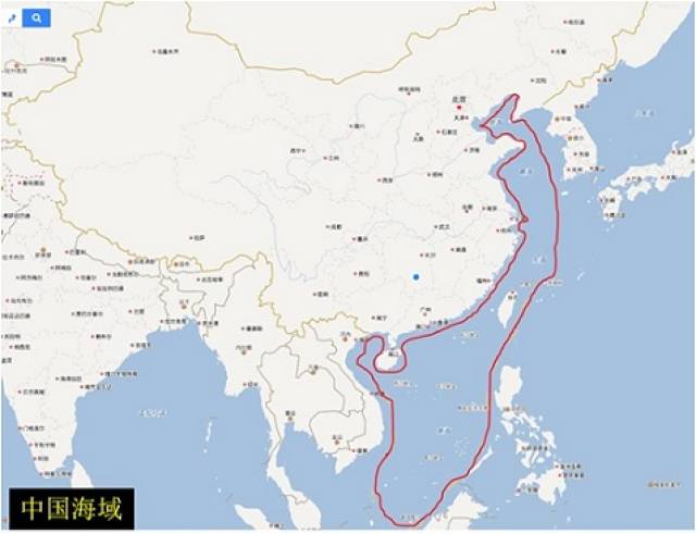 再看下面这幅缩小的世界地图,中国海域仍然是红线圈住的部分.