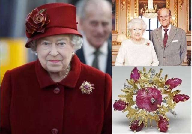 与菲利普亲王在70周年结婚纪念庆典上女王美滋滋的将它戴在身上