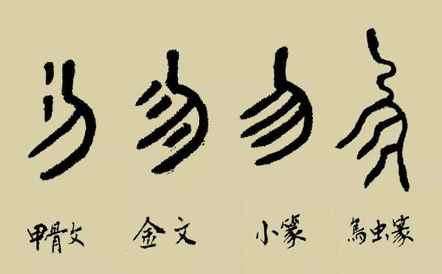 (图13:甲骨文,金文,鸟虫篆,小篆"勿"字) 甲骨文"勿":在刀刃上加两点