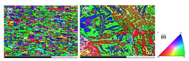 晶粒取向图 (a) 母材;(b) 焊缝;(c) 反极图颜色码