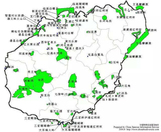 东寨港,三亚珊瑚礁,铜鼓岭,大洲岛,大田,霸王岭,尖峰岭,吊罗山,五指山