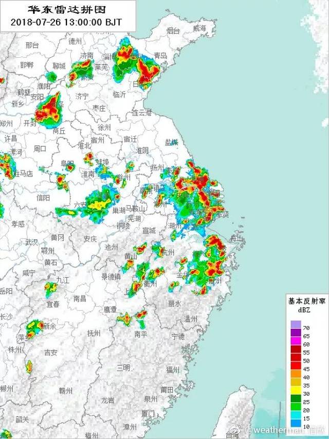 下图为今天(26日)13时 华东地区雷达图.