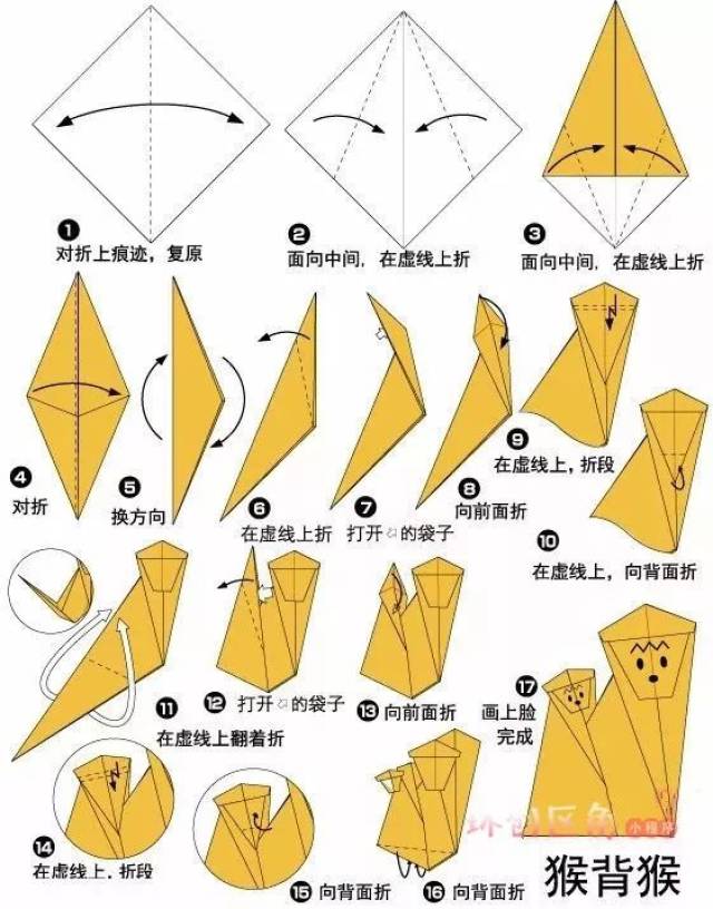 老虎 单个猴子折纸图解: 准备两张卡纸,和小朋友一起折个可爱的小狗!