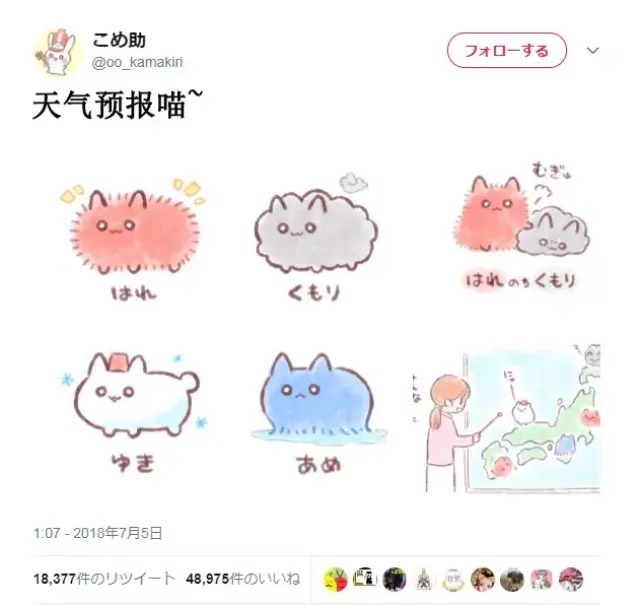 给大家分享一位日本漫画家把天气预报的符号画成了可爱的猫咪!