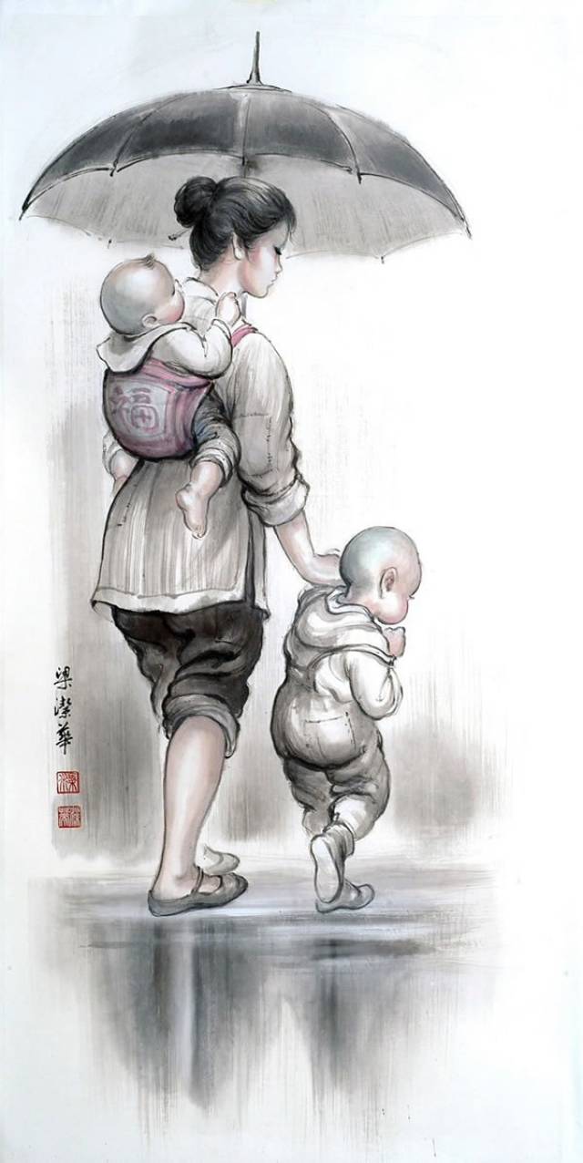 【经典国画】中国画家梁洁华国画作品《母爱》欣赏