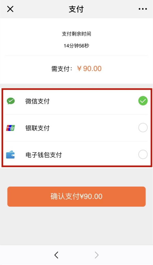 5,选择相应的付款方式,确认支付即可(公众号仅限微信支付,银联支付和