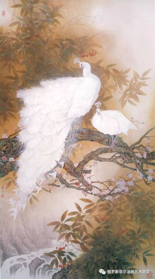 【经典国画】中国画家安华平工笔作品《白孔雀》欣赏