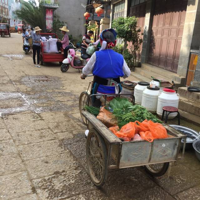 在路上能看到许多白族老奶奶们踩着小三轮 载着满满的一车菜赶到集市