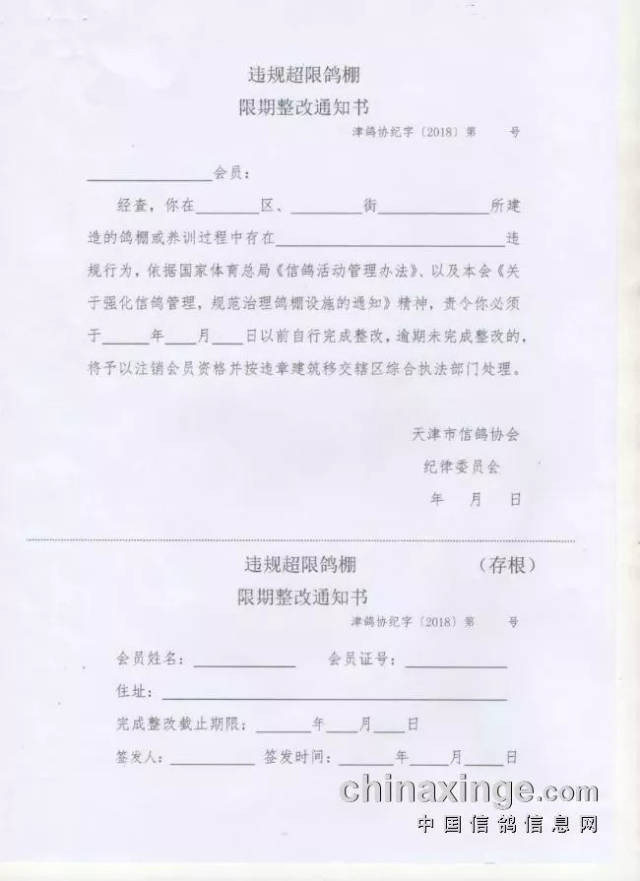 《违规超限鸽棚限期整改通知书》模板