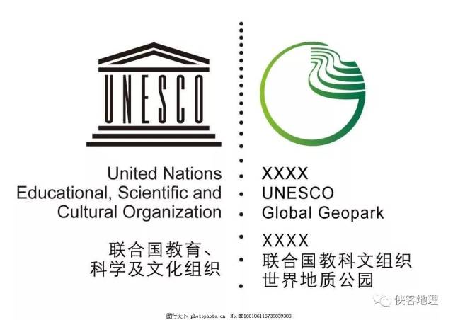 世界地质公园徽标,左侧为教科文组织殿堂符号及组织全称,右侧为世界