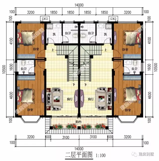 两栋小面宽的双拼别墅,第二栋平屋顶造价低,还能做空中花园