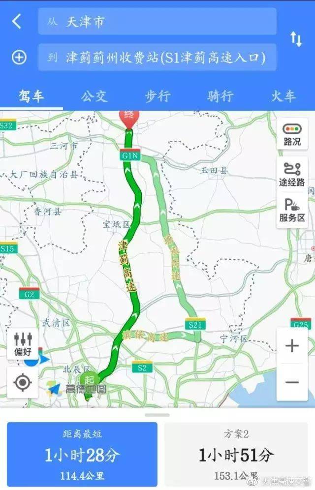先来看看从市区到蓟州区的两条高速吧