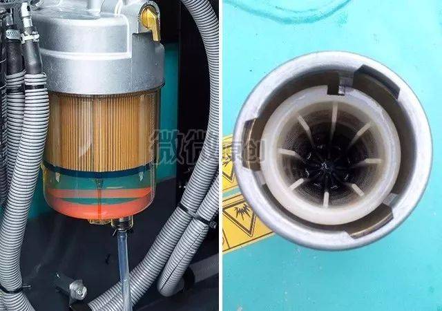 油水分离器中一般有红色浮标,浮标密度介于柴油和水之间,所以会浮在