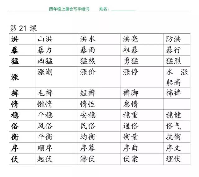 四年级上册语文各课生字组词(带拼音),完整版请下载!