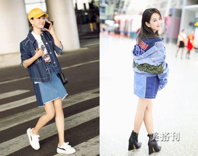 杨蓉和何洁也是深浅色拼接的牛仔半身裙,而且搭配的还是牛仔外套,这样