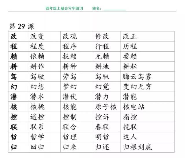 四年级上册语文各课生字组词(带拼音),完整版请下载!