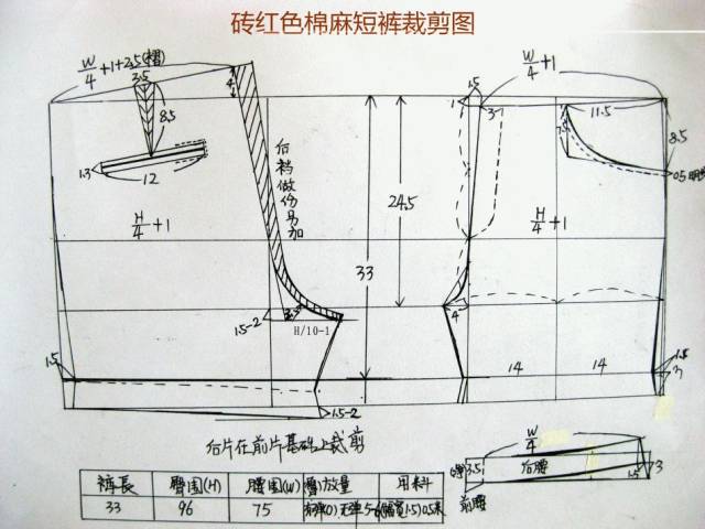 超详细砖红色棉麻短裤的裁剪图与制作