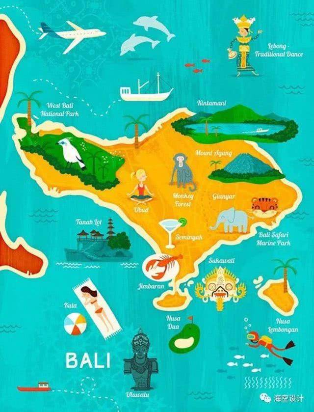 这张巴厘岛地图向我们展示了这个国家为世界人们所熟知的特征,如图片