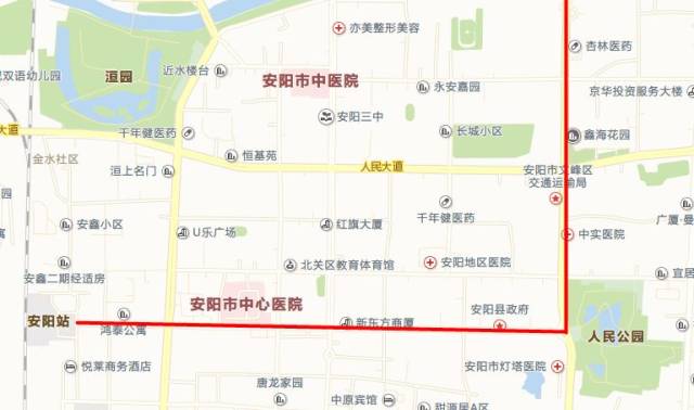 原线路:火车站—解放大道—东风路—盘庚街—平原路—邺城大道—中华