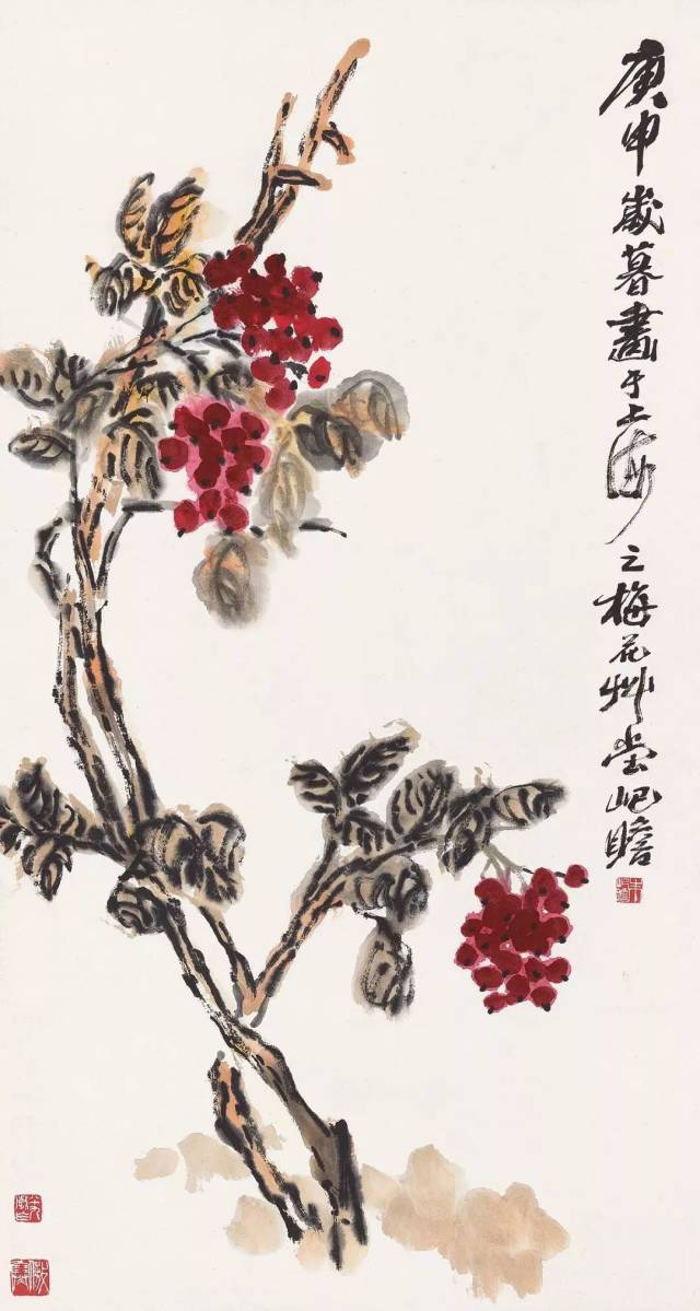 钤印:朱屺瞻,八十九岁作,傲寒 题识:庚申岁暮画于上海之梅花草堂,屺