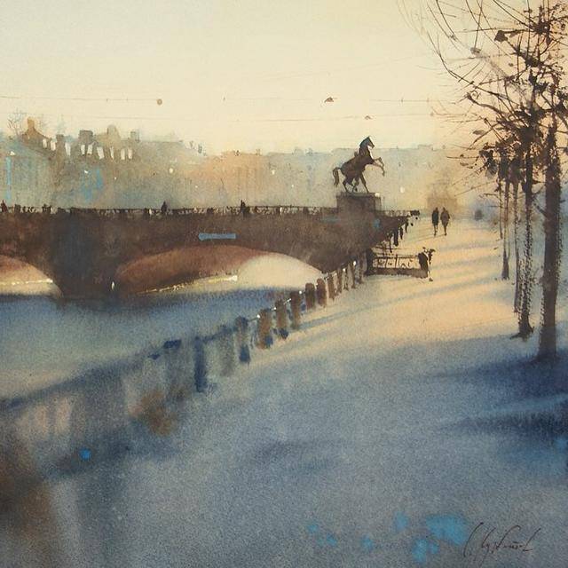 俄罗斯水彩画家的速写型风景画,画得那么奔放,居然画得这么好