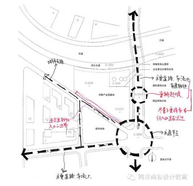 人流分析:南面有城市绿地,北面有滨河步道,这都是人行较多的地方,如何