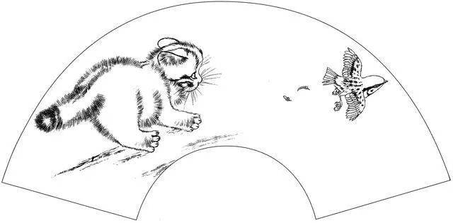 书画-国画学习素材:国画白描扇面花鸟作品