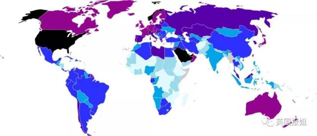 世界各国平均智商分布图: 蓝色越深智商越高,红色