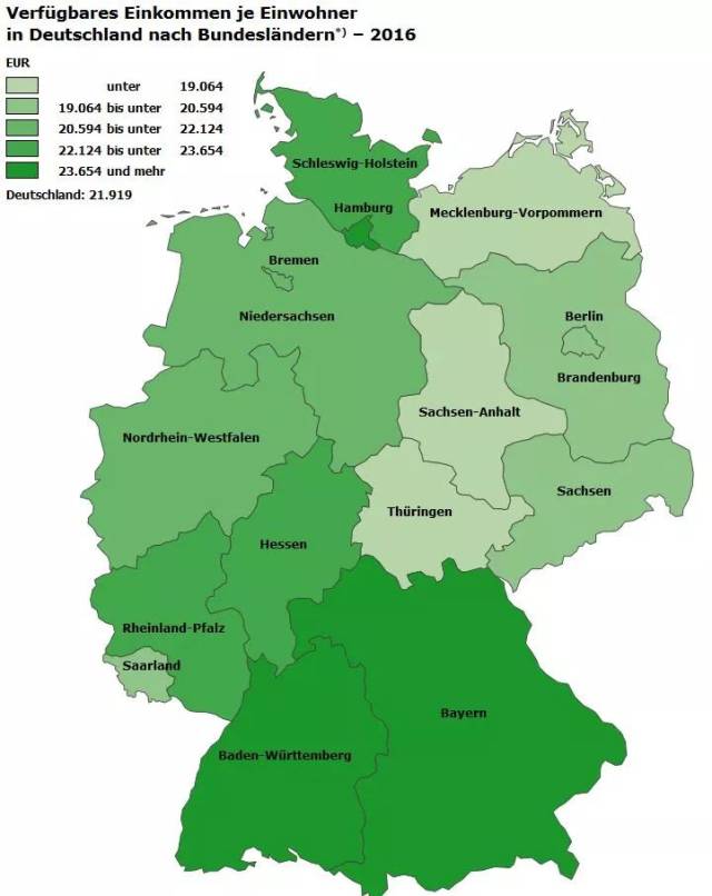 德国数据|来看看德国各联邦州人均可支配收入分布