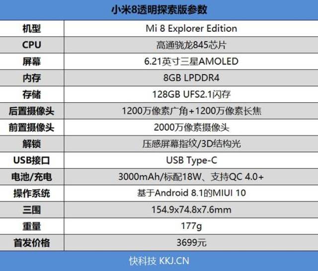 小米8透明探索版参数表格