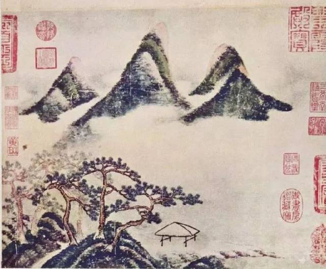 米芾 春山瑞松图(局部) 和"点王"范宽不同的是,米芾的皴法更湿哒哒