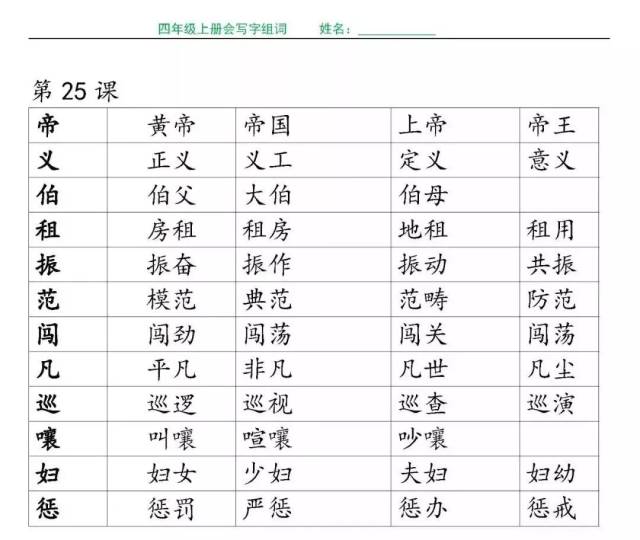 小学四年级语文各课生字组词(带拼音,打印给孩子预习掌握基础180810