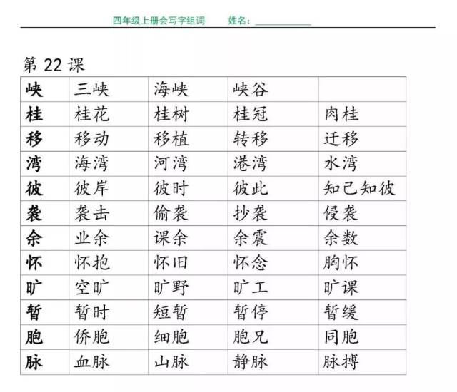 小学四年级语文各课生字组词(带拼音),打印给孩子预习