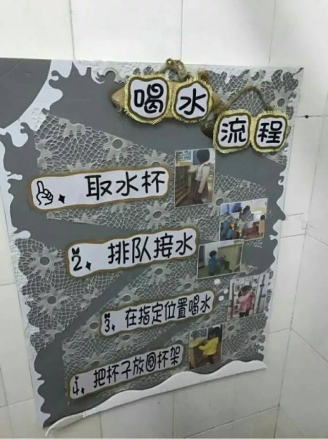 生活区的墙面可以教给孩子一些基本的生活常识,如喝水流程,起床流程