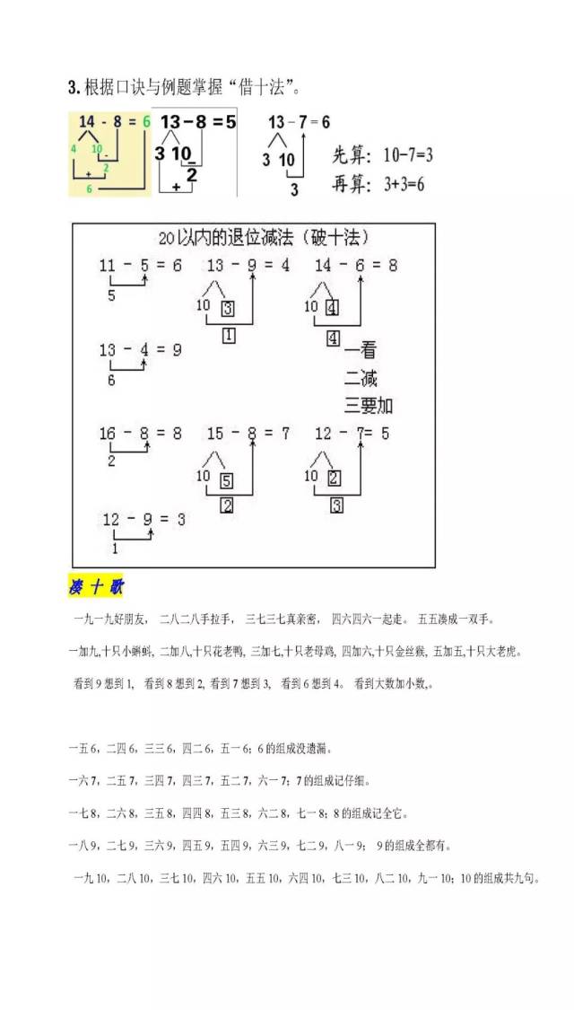 一年级数学学习口诀之"凑十法,破十法,借十法"口诀最后带习题