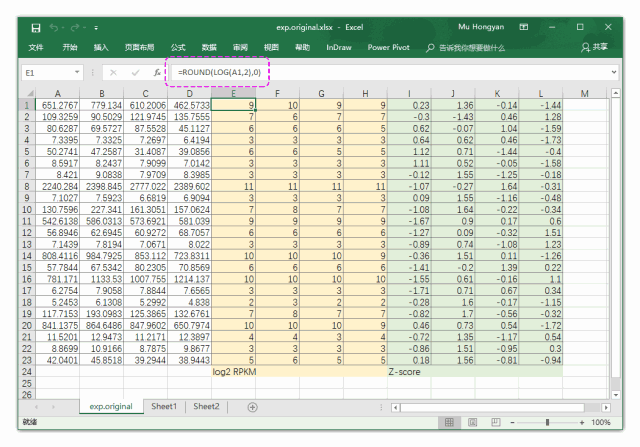 使用log2和z-score两种方法分别对数据进行标准化,用excel进行计算