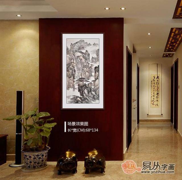 玄关挂画 林德坤写意山水画作品《高岩鸣瀑》进门看见什么风水好—
