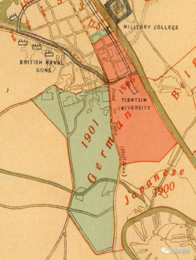德租界示意图,红色部分为1895年初定界址,蓝色为扩展界