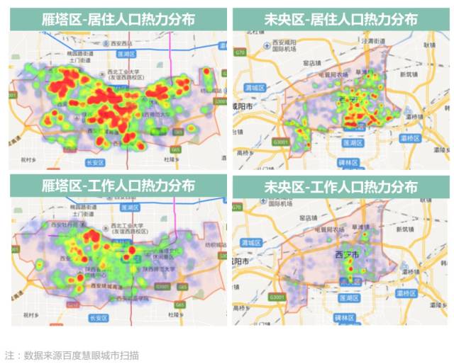 雁塔区,未央区工作人口&居住人口热力分布 基础设施的增多,本身对西安