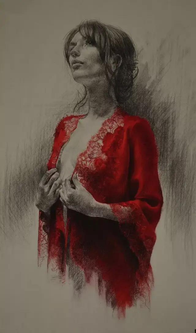 炭笔淡彩画美女作品, 如此性感,你,被吸引了吗?