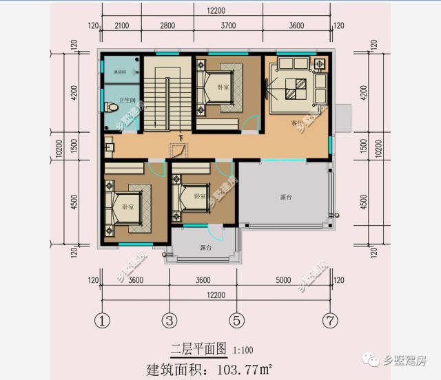 个卧室和卫生间,向左走到底是二楼的客厅和露台,二楼另外设计一个客厅