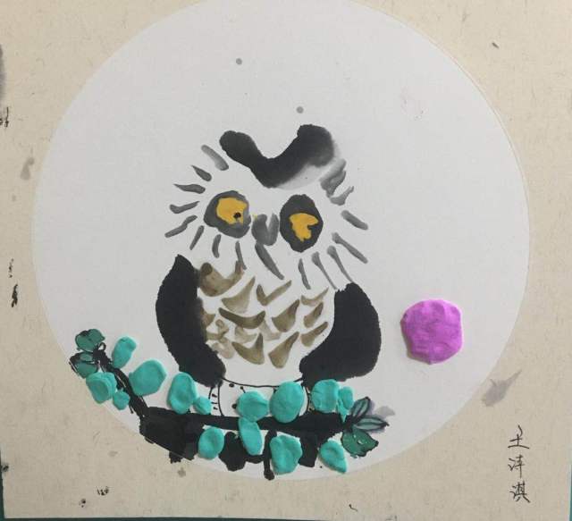 少儿创意美术《猫头鹰-水墨画》,孩子们把猫头鹰画的好有童趣啊